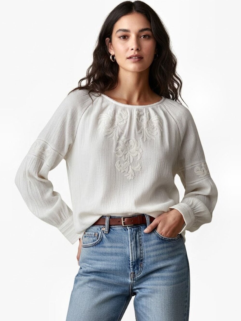 JOIE Mitney Embroidered Peasant Blouse Lined Damask Floral White Cotton Size S